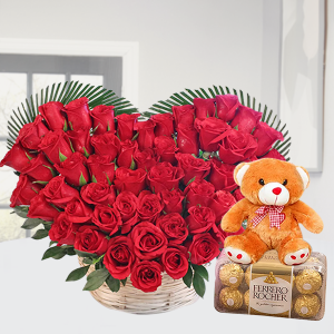 Basket of Roses with Nice Teddy and Ferrero Rocher