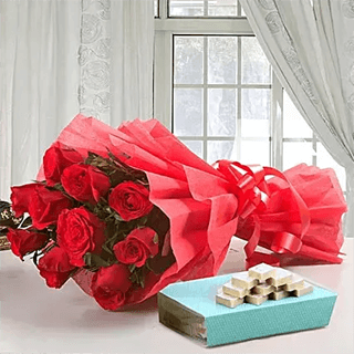 Elegance Beauty - Red Roses with Kaju Katli