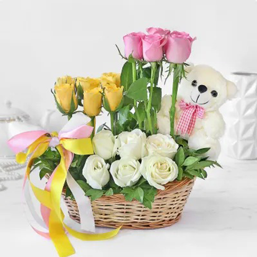 Mix Roses In Basket With Teddy